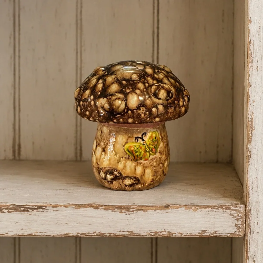Vintage 1973 Ceramic Mushroom Butterfly Figurine Drip Glaze Brown 6 Inch CK 73